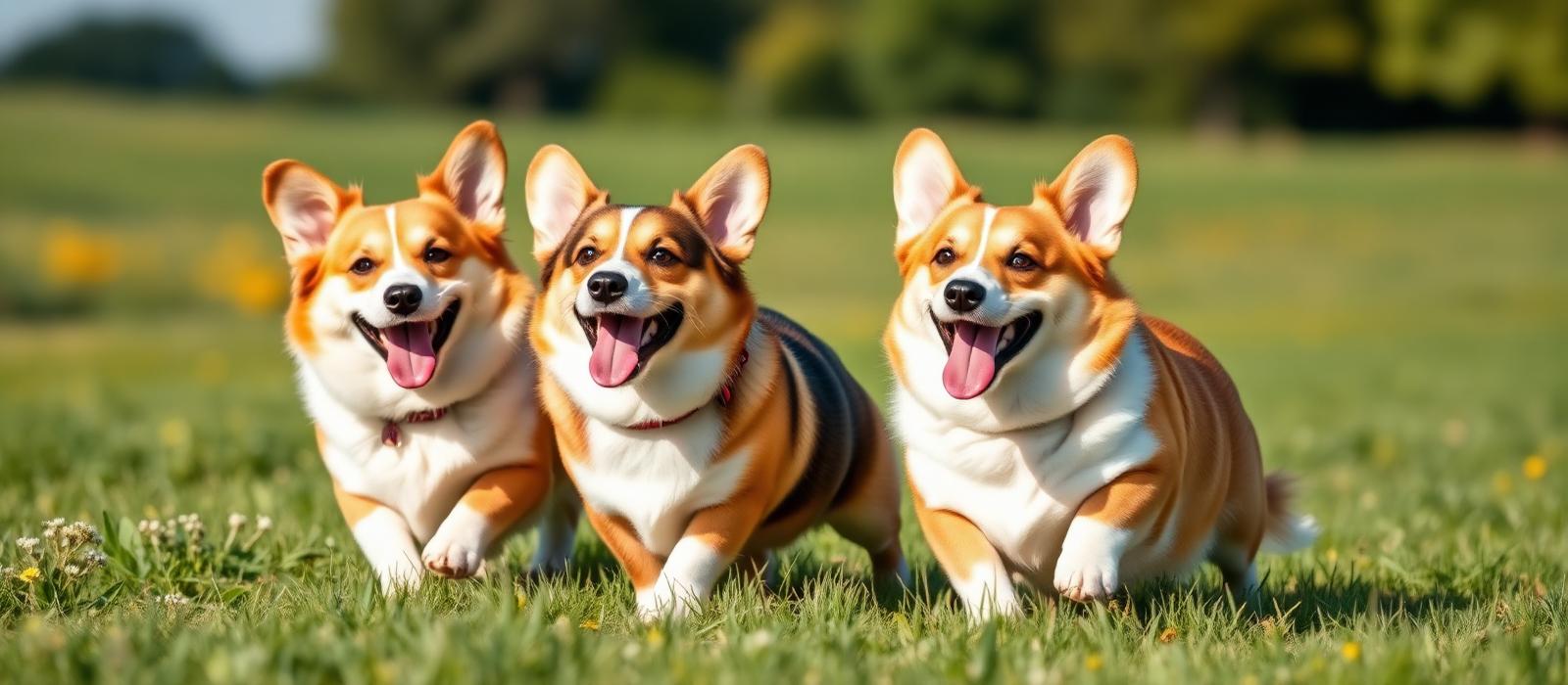 Three happy corgis running through a sunny field
