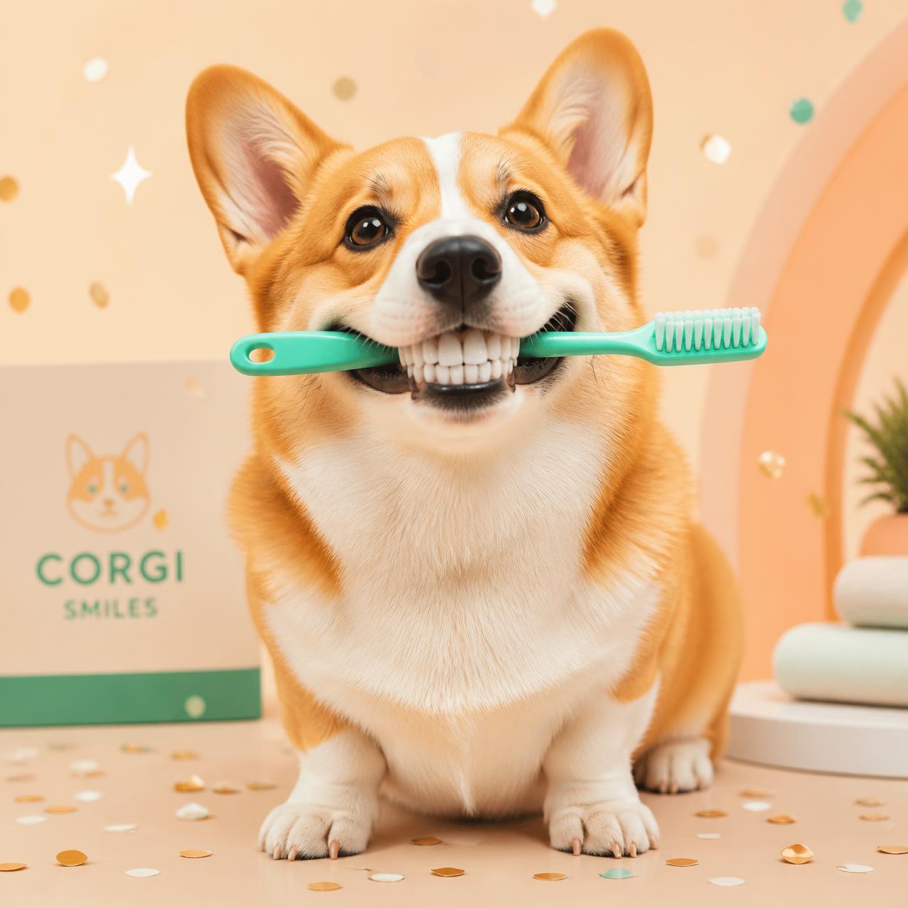 Happy corgi holding a mint green toothbrush in its teeth